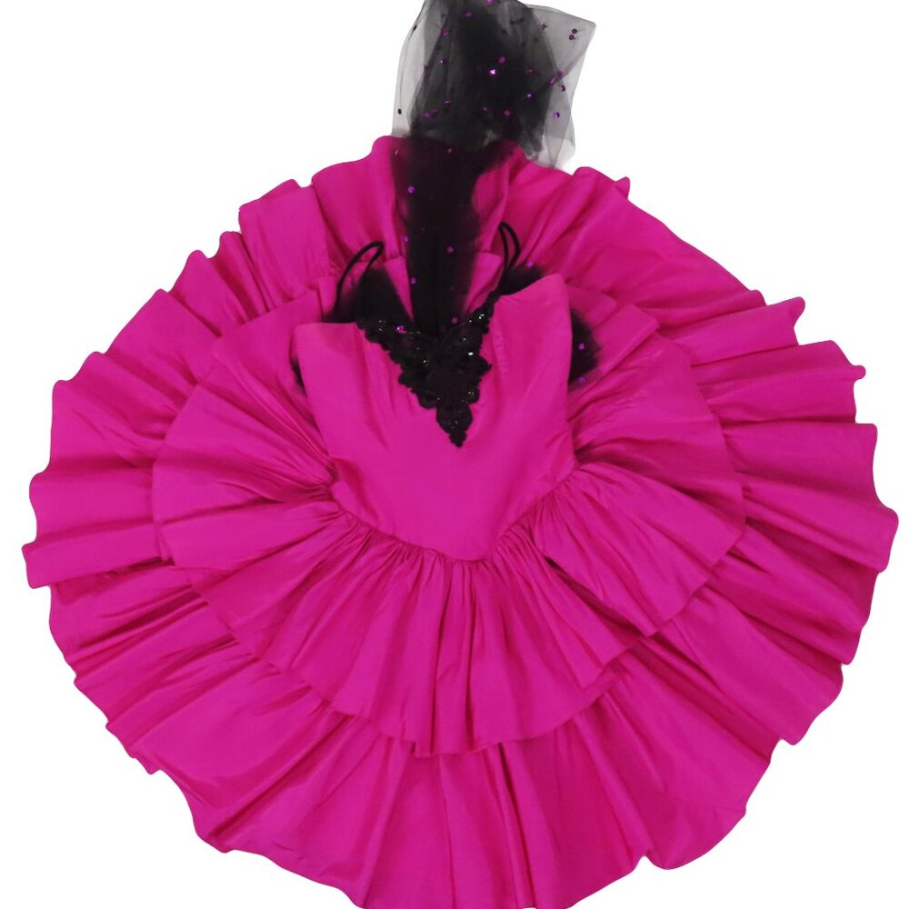 Vintage 80s Pink Black Beaded Tiered Full Skirt Prom Cocktail Party Dress S M - Picture 14 of 14